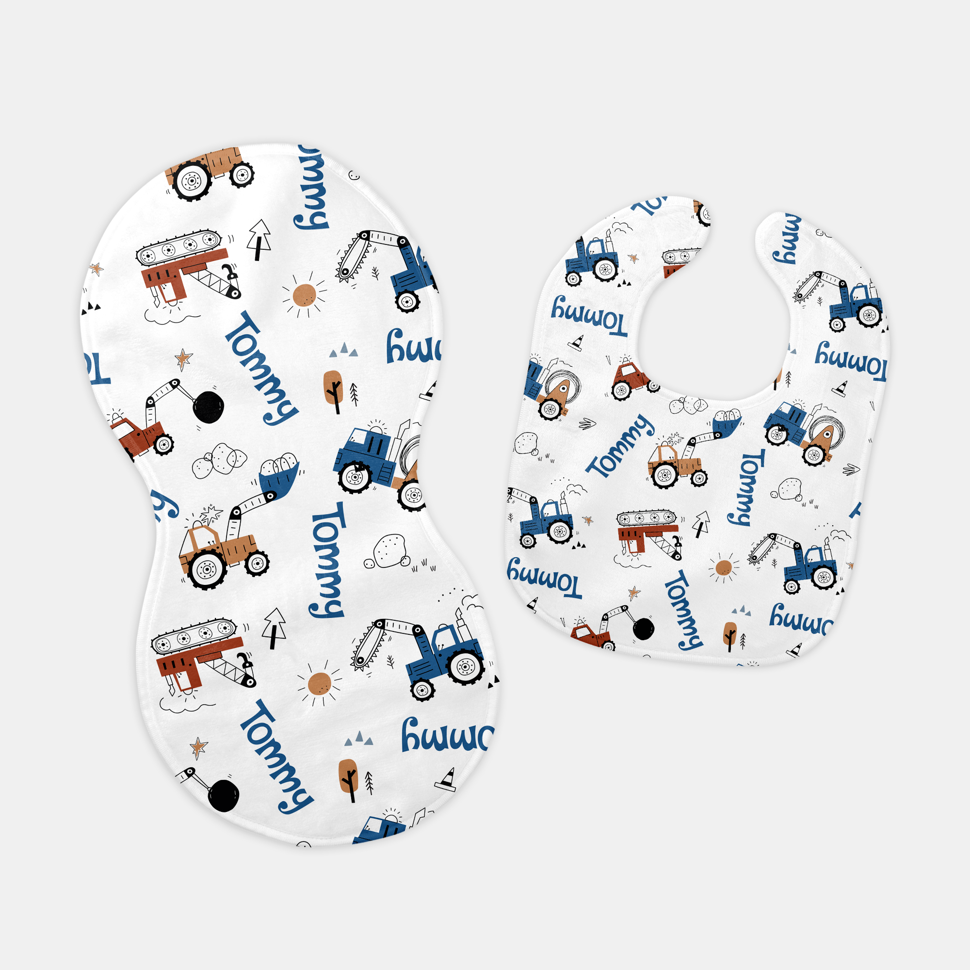 Construction Vehicle Personalized Bib and Burp Cloth Set