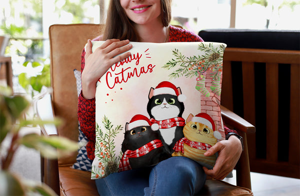 Peeking Cats Meowy Catmas Personalized Pillow, Christmas Cat Mom Decor Pillow