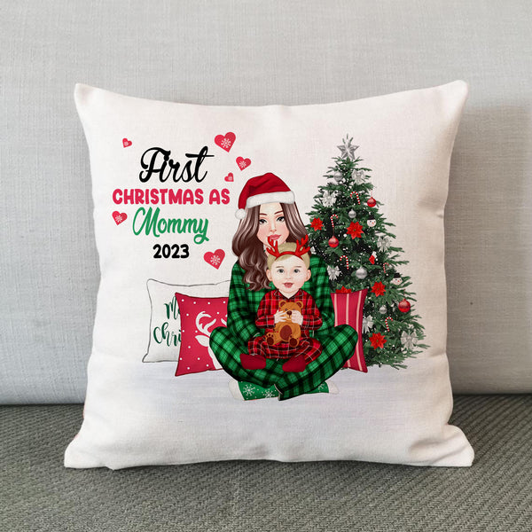 Pajamas Mom Grandma And Baby Personalized Pillow, First Christmas As Mommy Pillow