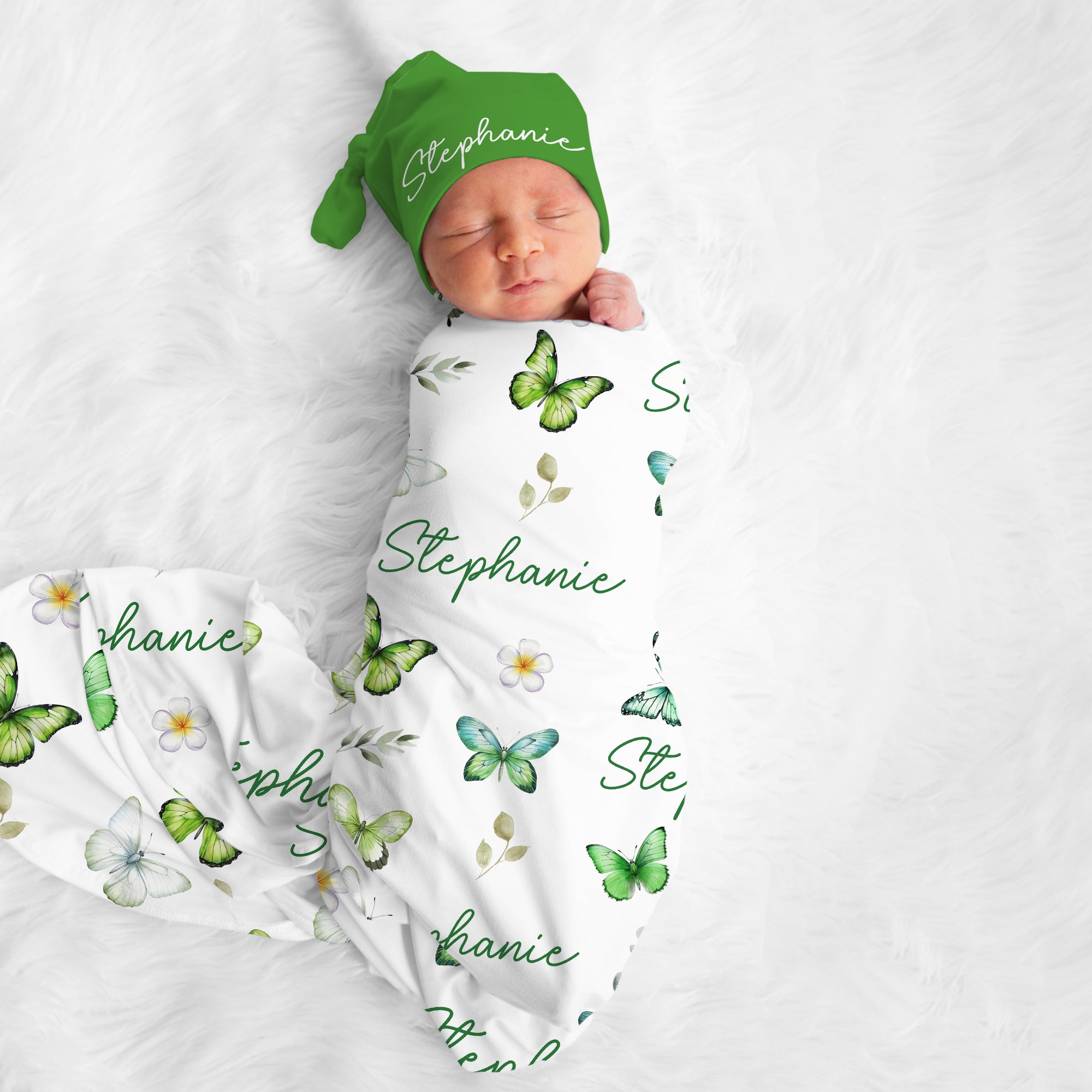 Green Butterfly Personalized Swaddle Blanket