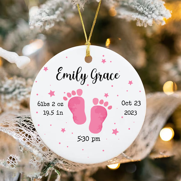 Custom Newborn Birth Stats Ornament, Baby Girl Feet Ornament