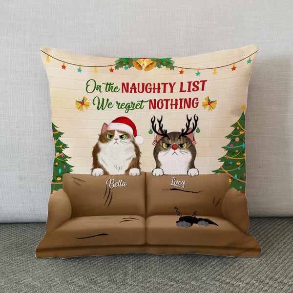 Peeking Cats Scratch Sofa On The Naughty List Regret Nothing Personalized Pillow