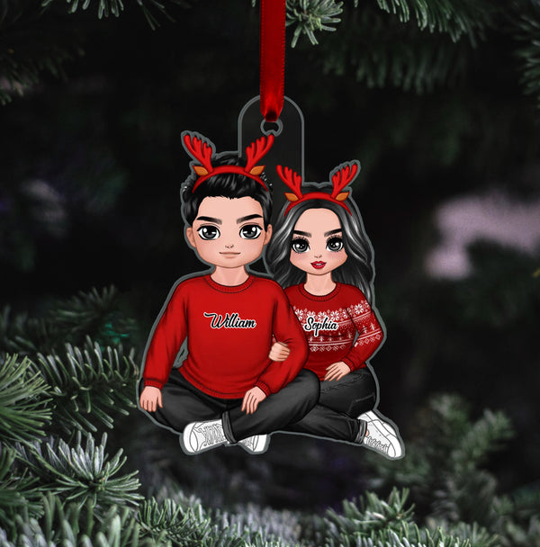 Personalized Christmas Doll Couple Sit Ornament, Custom Couple Ornament