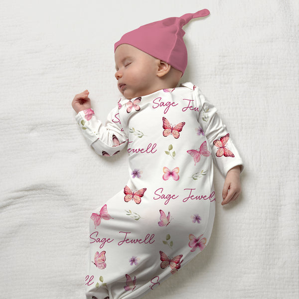 Pink Butterfly Personalized Newborn Sleep Gown