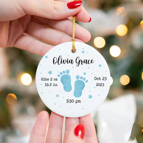 Custom Newborn Birth Stats Ornament, Baby Boy Feet Ornament