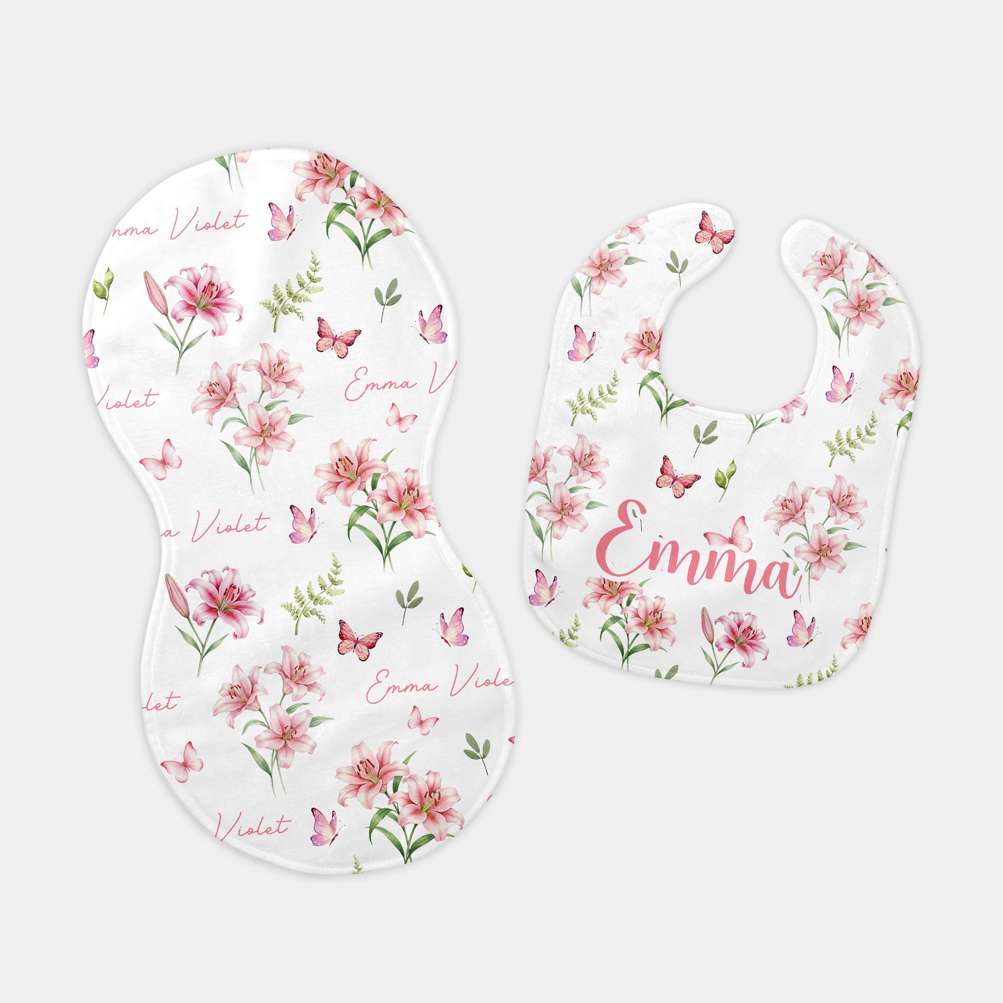 Pink Lilys Personalized Bib and Burp Cloth Set