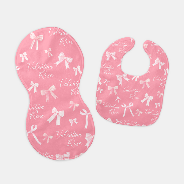 Pink Coquette Bow Personalized Bib and Burp Cloth Set