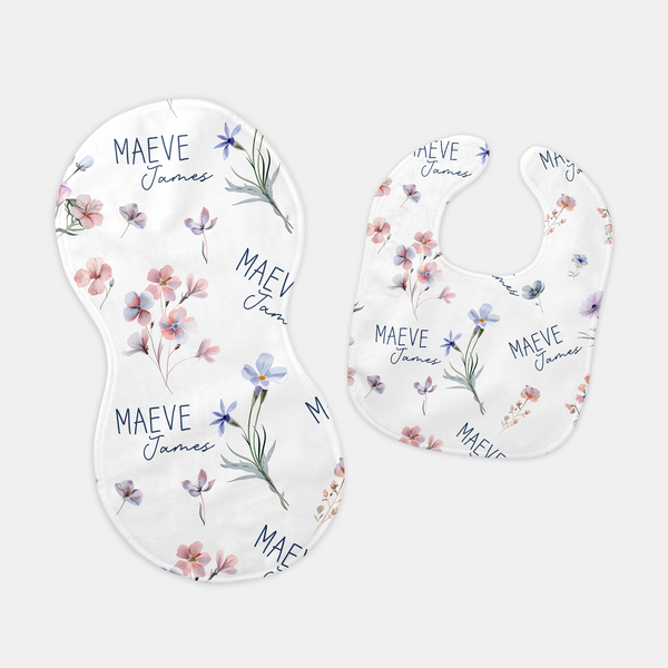 Pretty Wildflower Floral Personalized Bib and Burp Cloth Set