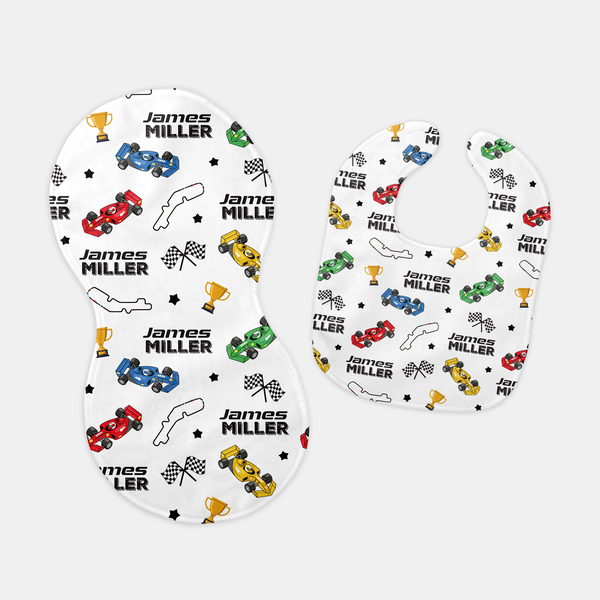 Pit Crew Personalized Bib and Burp Cloth Set