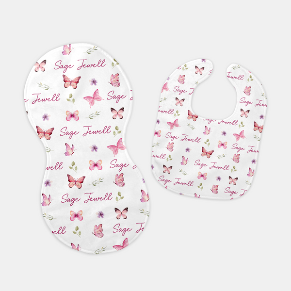 Pink Butterfly Personalized Bib and Burp Cloth Set