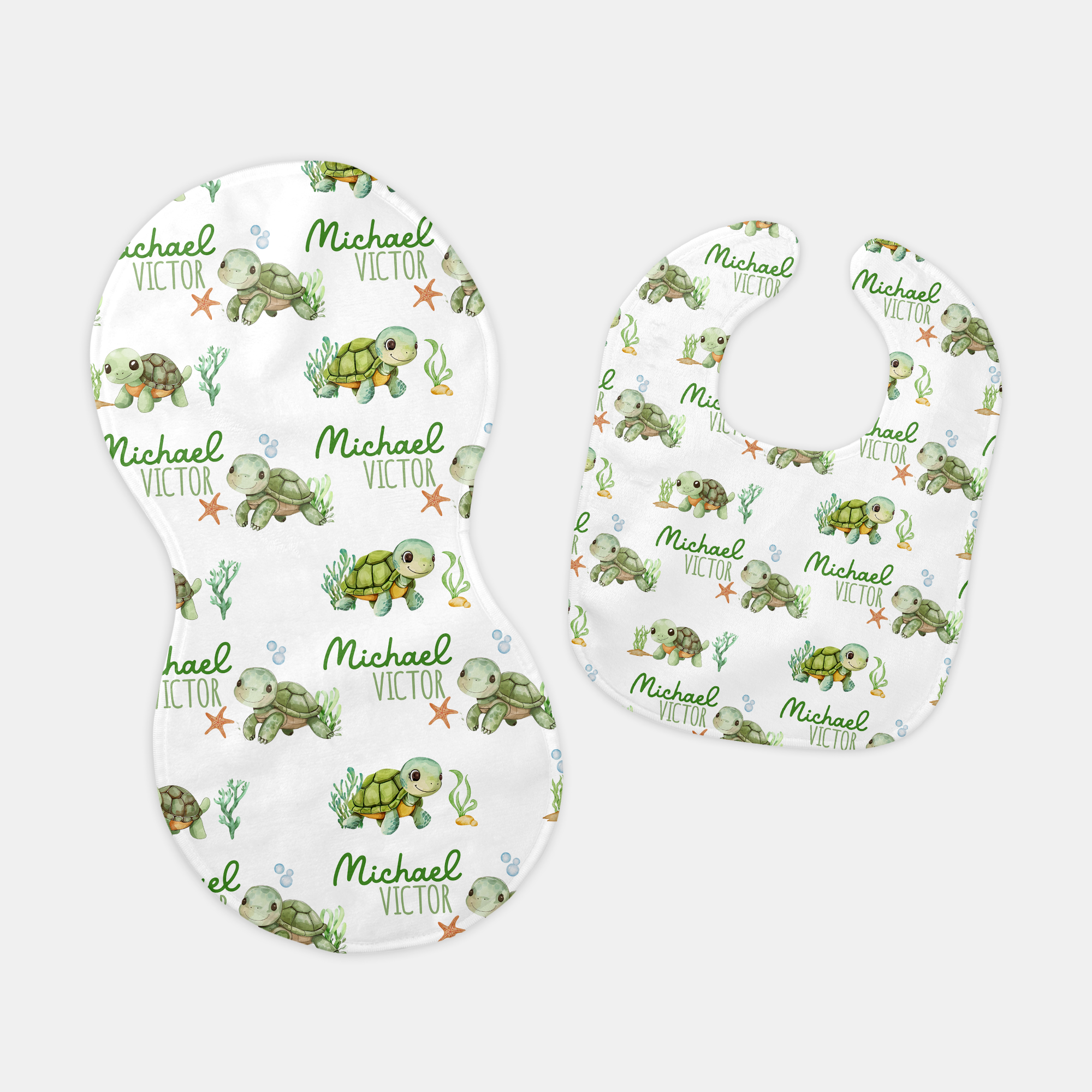 Sea Turtle Personalized Bib and Burp Cloth Set