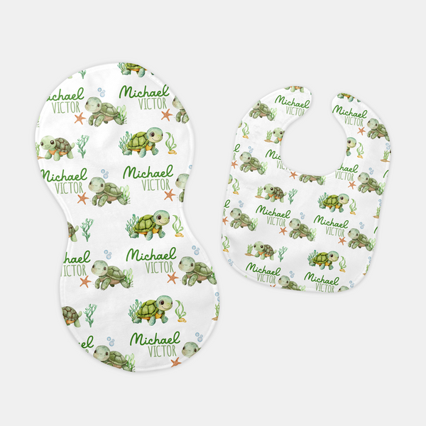 Sea Turtle Personalized Bib and Burp Cloth Set