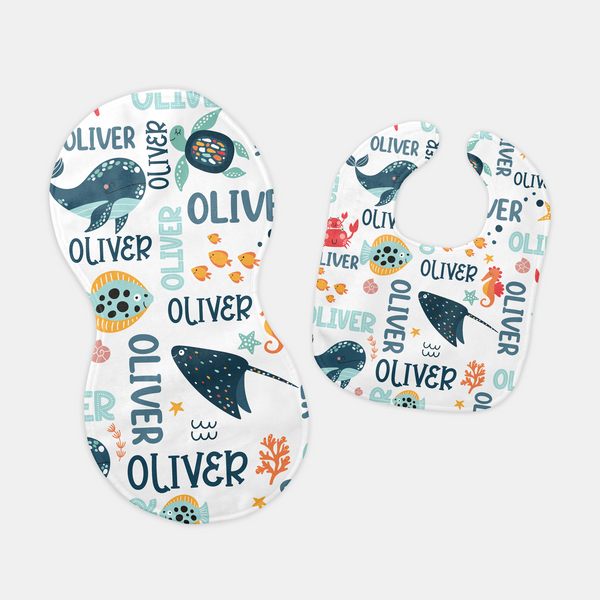 Ocean Animal Personalized Bib and Burp Cloth Set