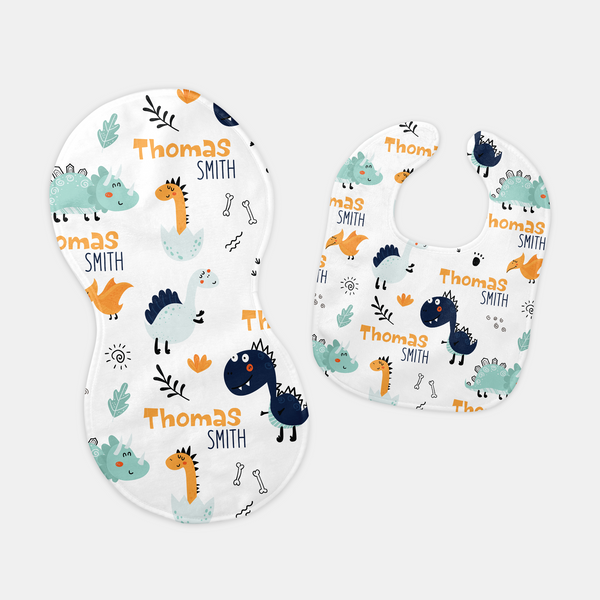 Cute Dinosaur Personalized Bib and Burp Cloth Set