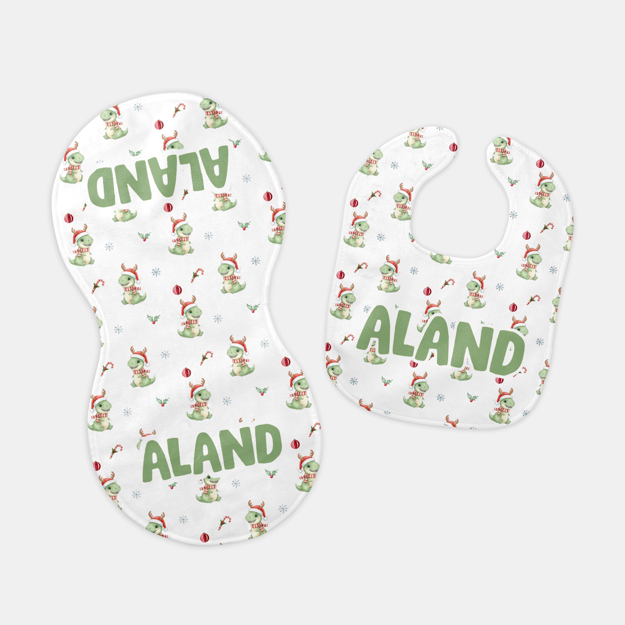 Dinosaur's Christmas Personalized Bib and Burp Cloth Set