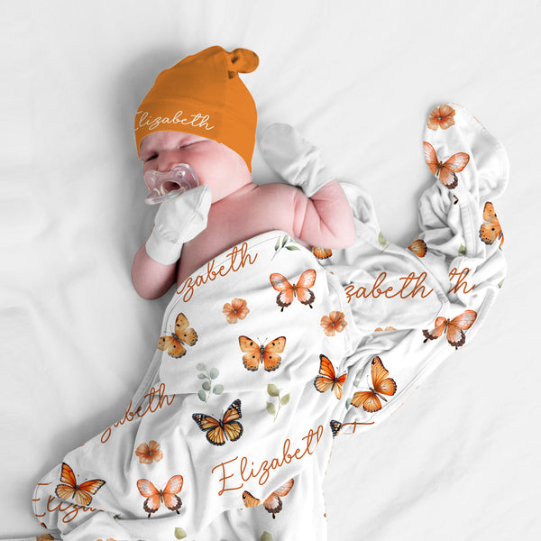 Orange Butterfly Personalized Swaddle Blanket