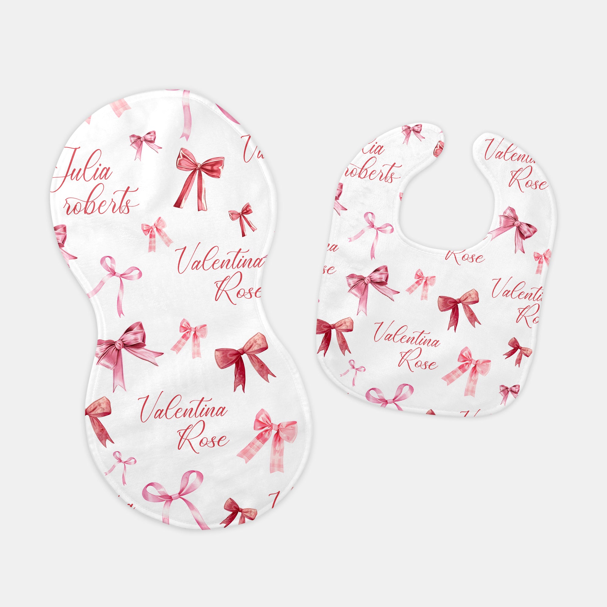 White Coquette Bow Personalized Bib and Burp Cloth Set