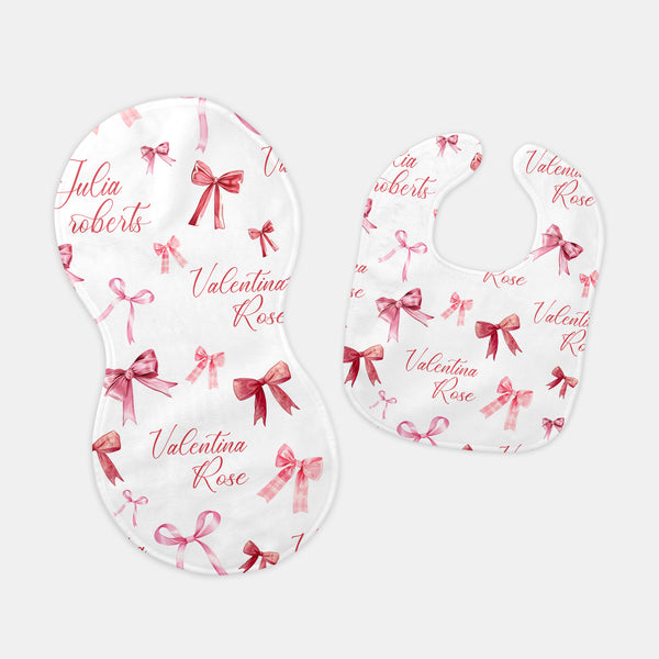 White Coquette Bow Personalized Bib and Burp Cloth Set