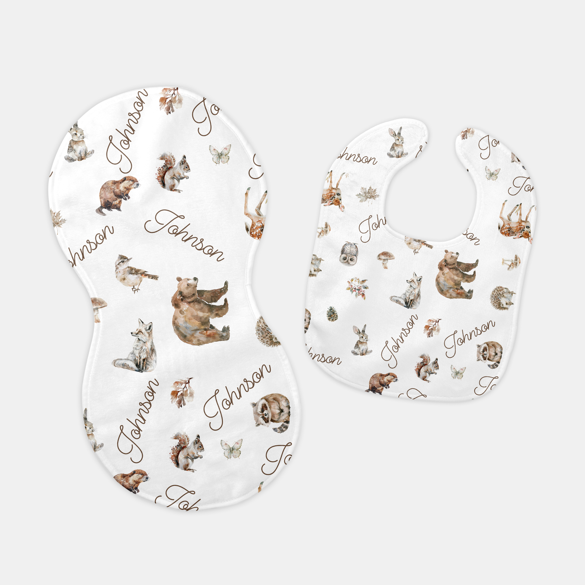 Woodland Animals Personalized Bib and Burp Cloth Set