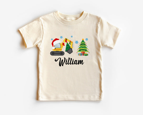 Retro Christmas Construction Toddler Shirt, Christmas Excavator With Name