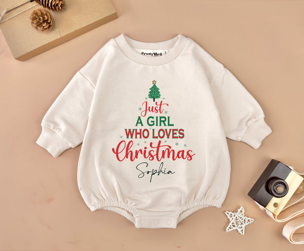 Personalized Just A Girl Who Loves Christmas Baby Romper, Baby Girl Christmas Outfit