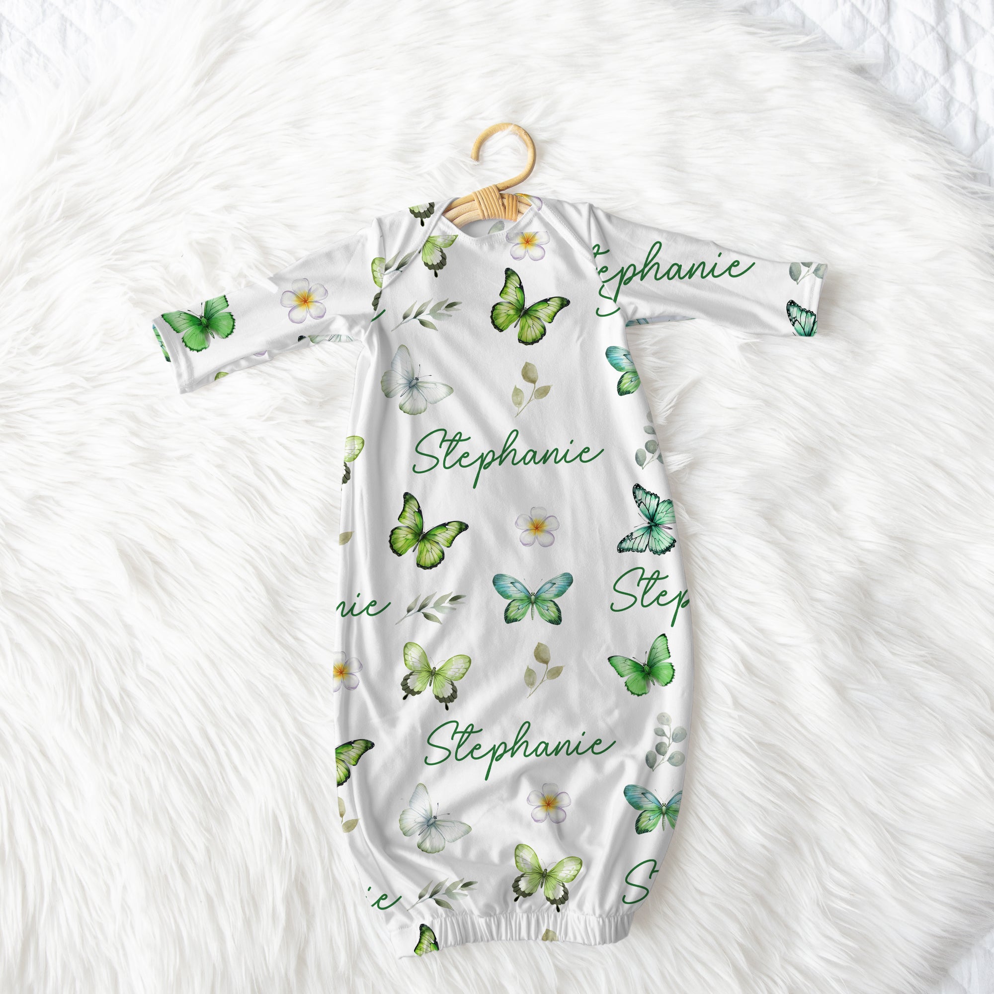 Green Butterfly Personalized Newborn Sleep Gown