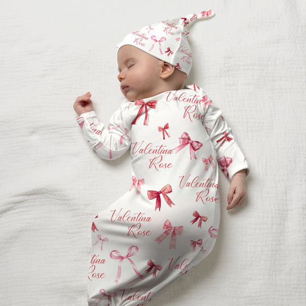 White Coquette Bow Personalized Newborn Sleep Gown