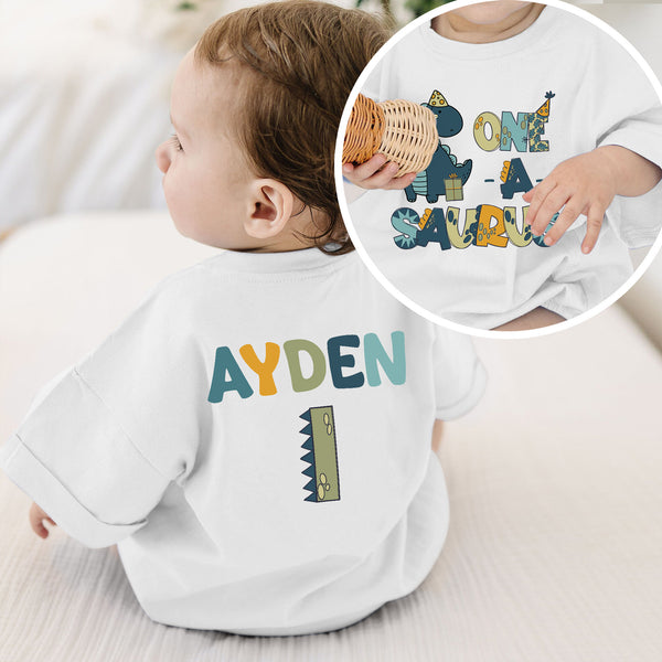 Personalized One a Saurus Tee Romper, Dinosaur Birthday Baby Romper