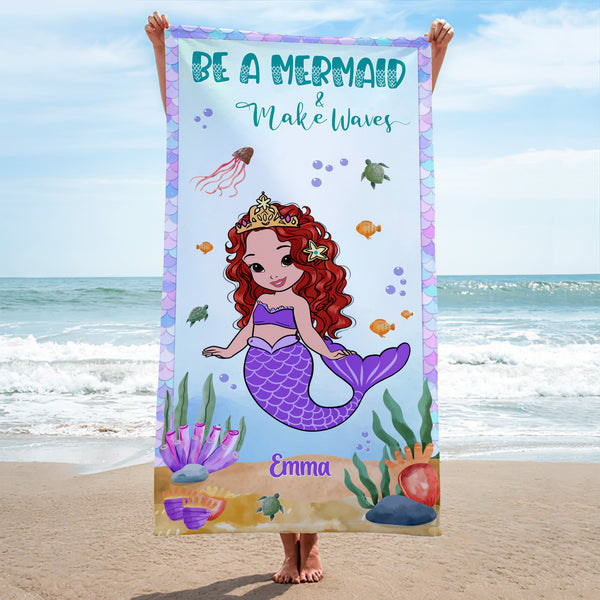 Personalized Mermaid Beach Towel, Custom Name Bath Towel