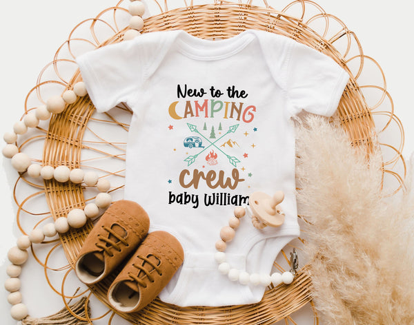 New To The Camping Crew Personalized Onesie - Retro Camping Bodysuit