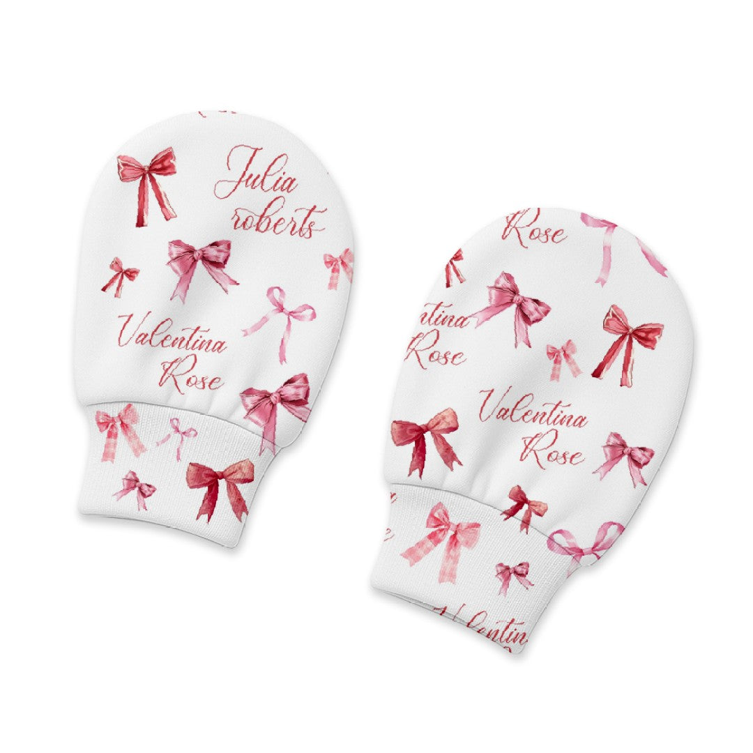 White Coquette Bow Personalized Baby Mittens