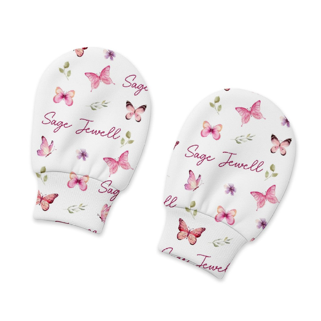 Pink Butterfly Personalized Baby Mittens