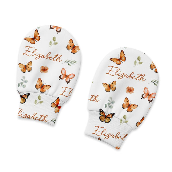Orange Butterfly Personalized Baby Mittens