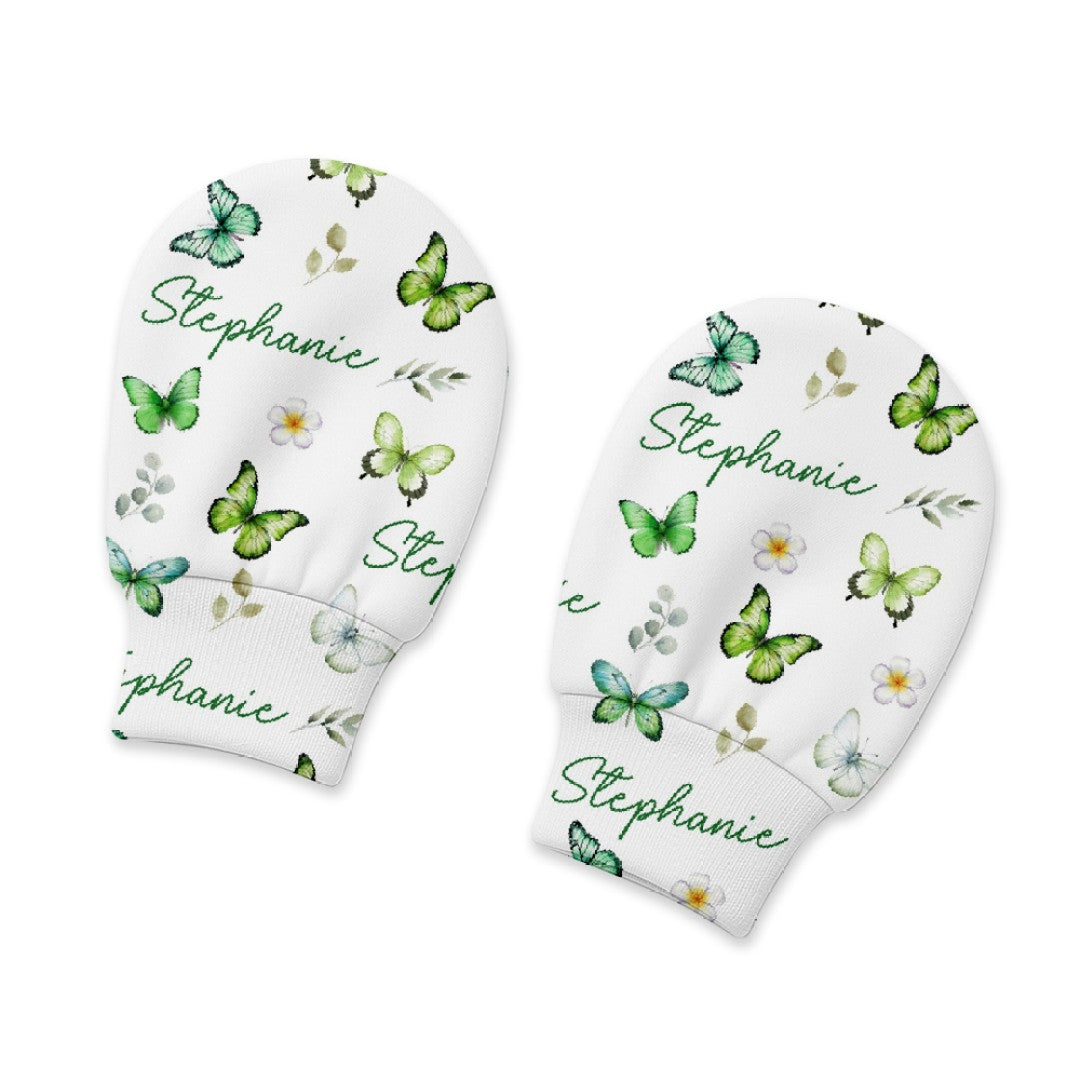 Green Butterfly Personalized Baby Mittens