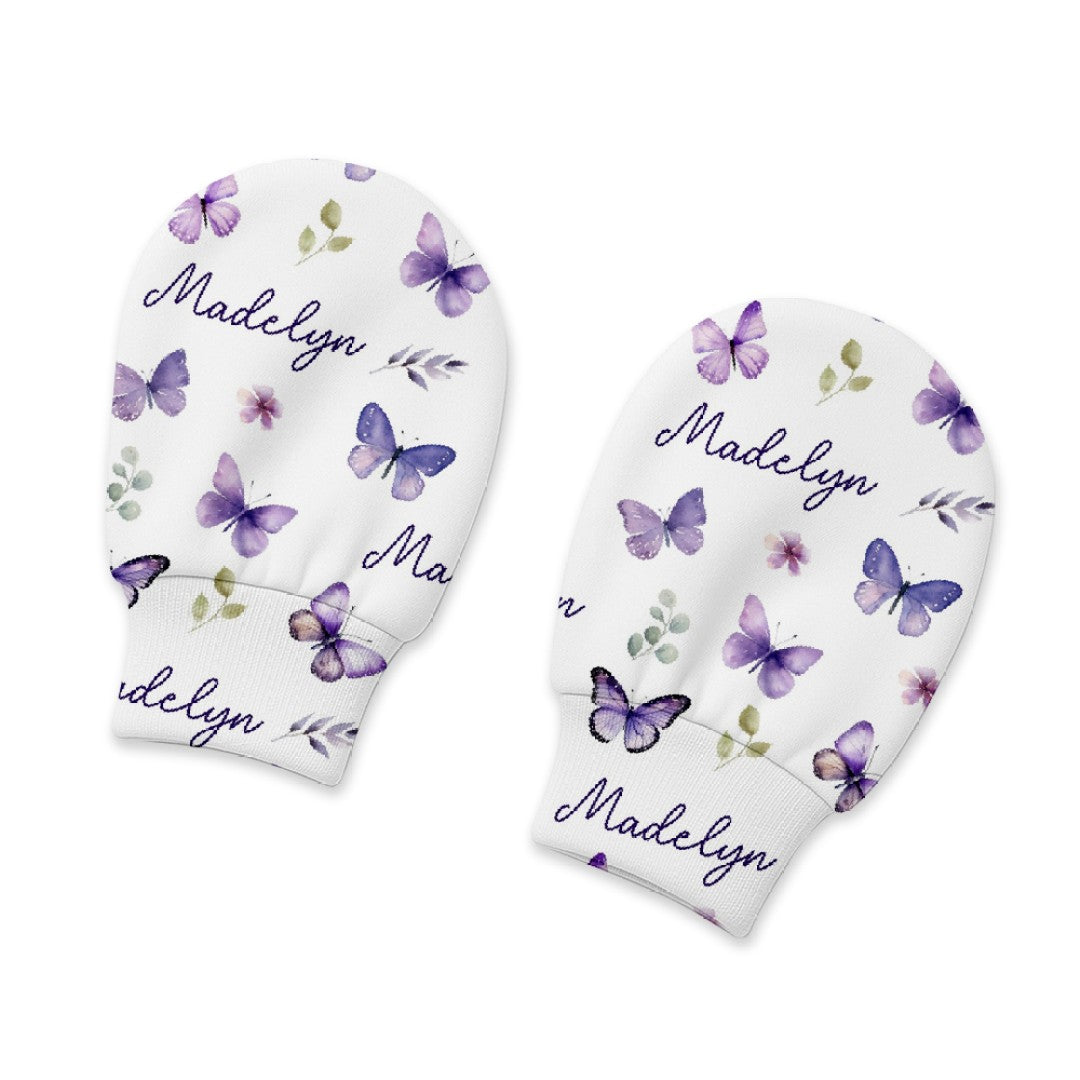 Purple Butterfly Personalized Baby Mittens