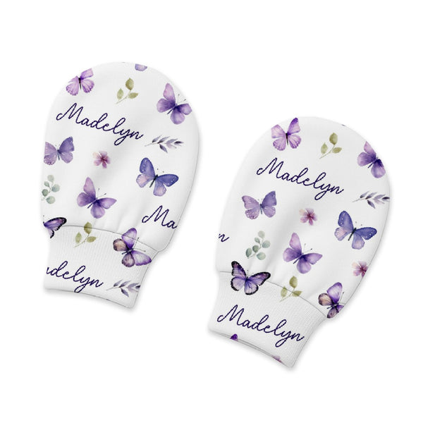 Purple Butterfly Personalized Baby Mittens