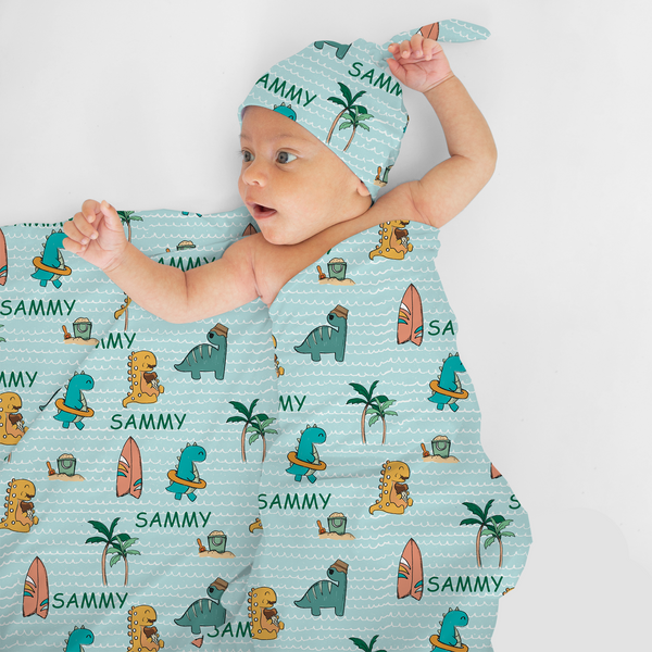 Personalized Summer Dinosaurs Swaddle Blanket