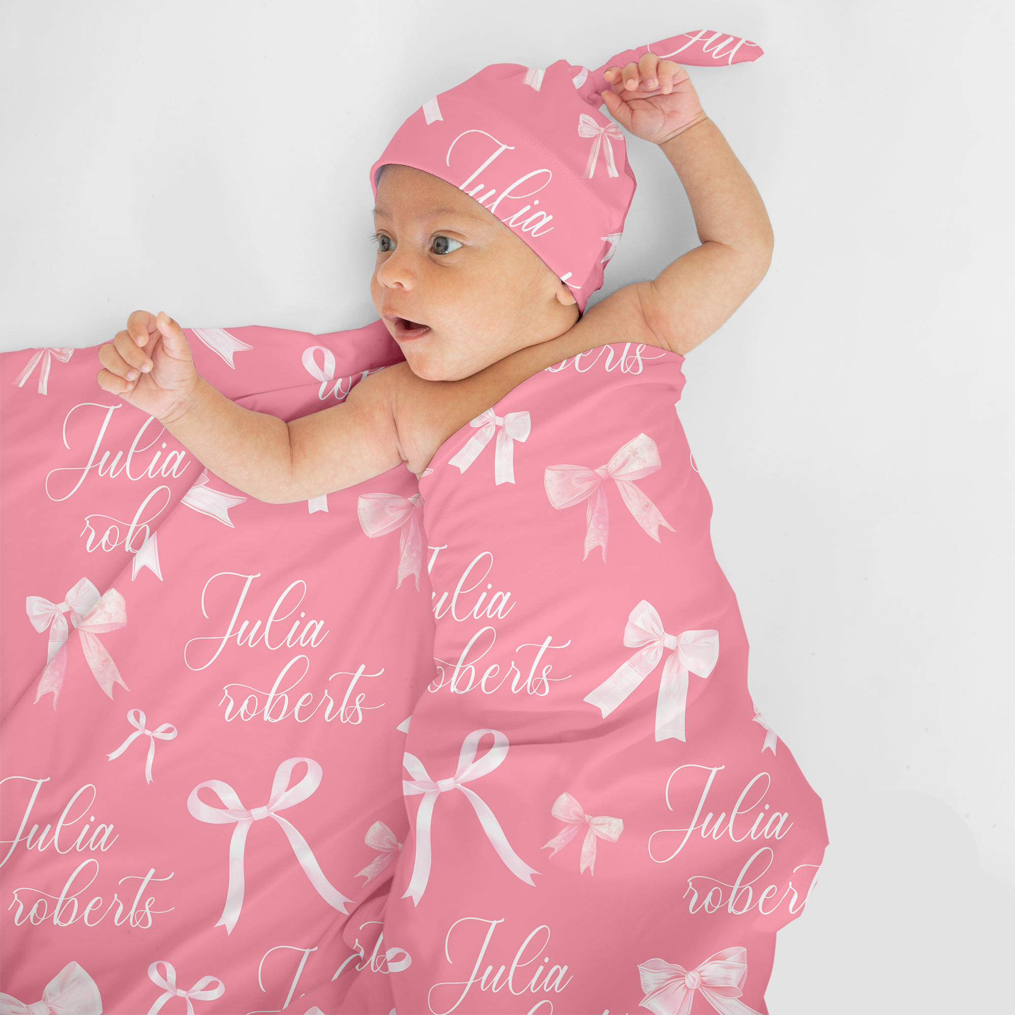 Pink Coquette Bow Personalized Baby Name Swaddle Blanket