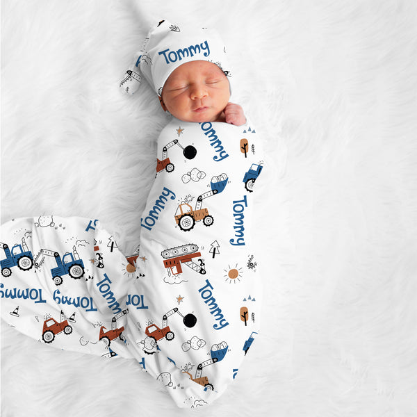 Construction Vehicle Personalized Swaddle Blanket
