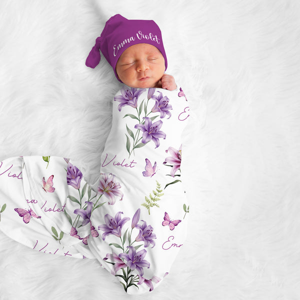 Purple Lilys Personalized Swaddle Blanket