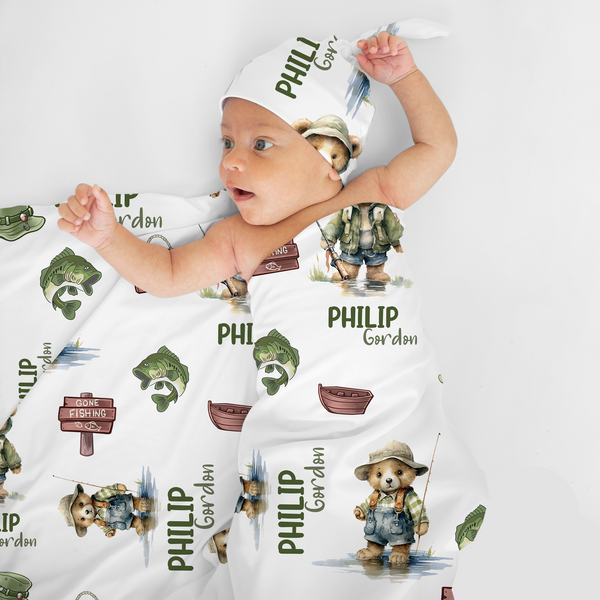 Personalized Bear Fishing Swaddle Blanket