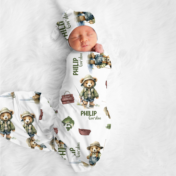 Personalized Bear Fishing Swaddle Blanket