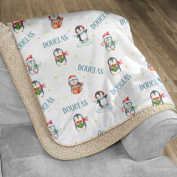 Snow Penguin Personalized Sherpa Blanket