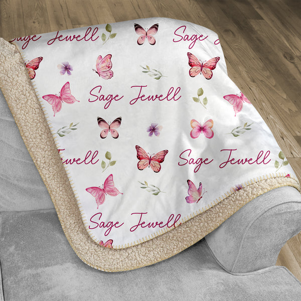 Pink Butterfly Personalized Sherpa Blanket