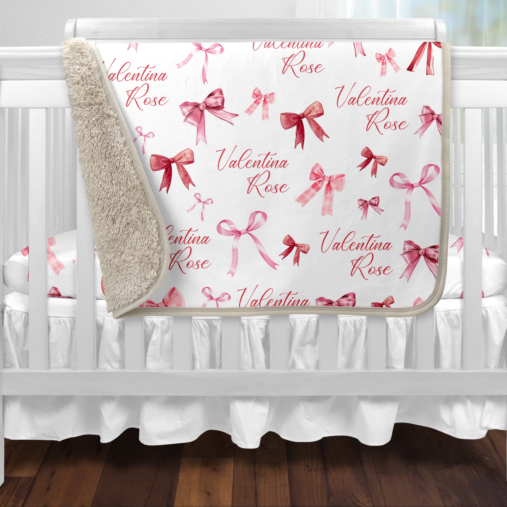 White Coquette Bow Personalized Sherpa Blanket