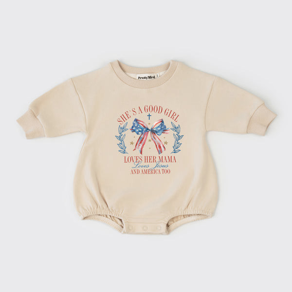 Jesus Sweatshirt Romper - She's A Good Girl Coquette 4th Of July