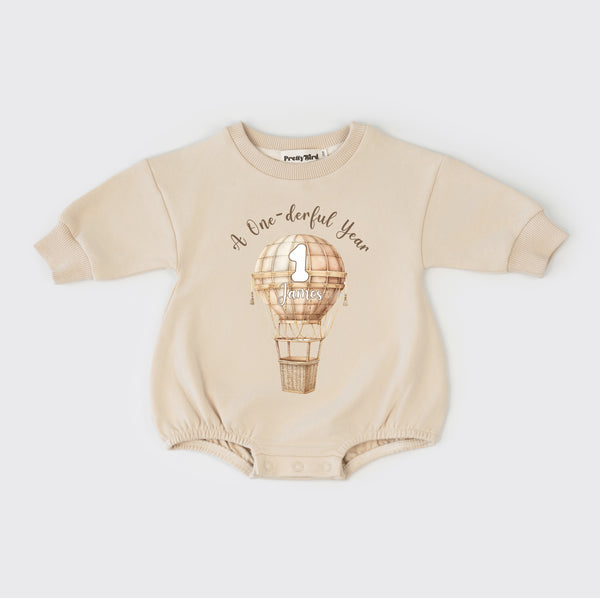 Personalized First Birthday Sweatshirt Romper, A Onederful Year, Hot Air Balloon