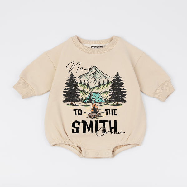 New To The Camping Crew Personalized Sweatshirt Romper, Adventure Baby Outfit