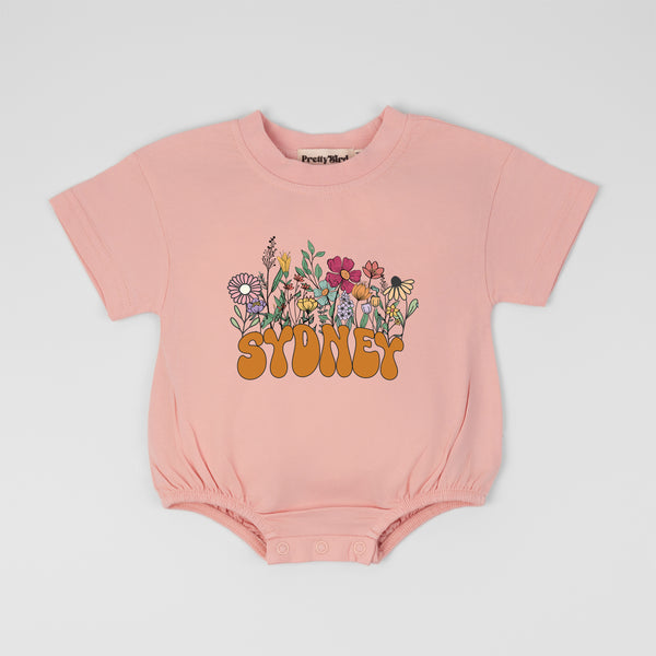 Personalized Wild Flower Romper Bodysuit, Floral Personalized Name Bubble Romper