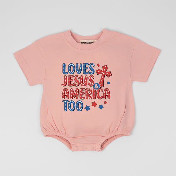 Loves Jesus and America Too Bubble Romper, Jesus Romper 4th Of July